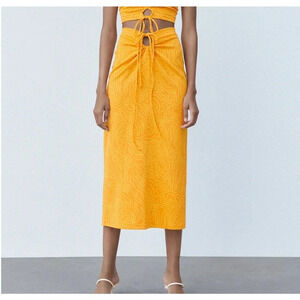 Zara Women's Size Large Yellow Printed Tie Waist Midi Skirt NWT